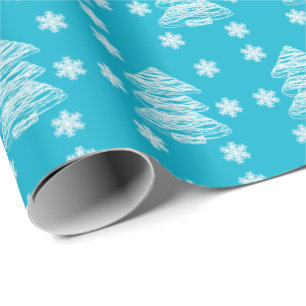 Moderne Weihnachtsbäume und Schneeflocken in hellb Geschenkpapier