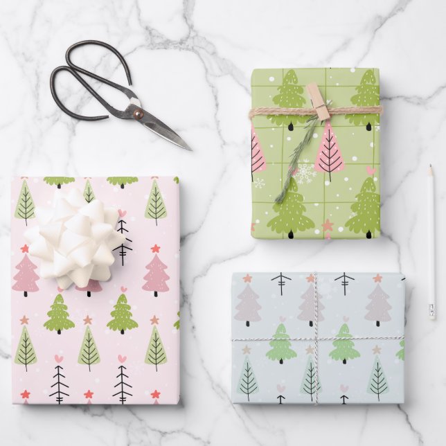 Moderne Weihnachtsbäume und Schneeflocken Weihnach Geschenkpapier Set (Vorderseite)