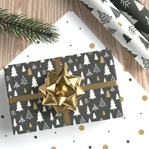 Moderne Weihnachtsbaumen Gold und Grau Muster Geschenkpapier Set