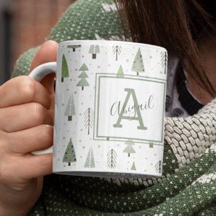 Moderne Weihnachtsbaumen Sage Green Monogram Kaffeetasse