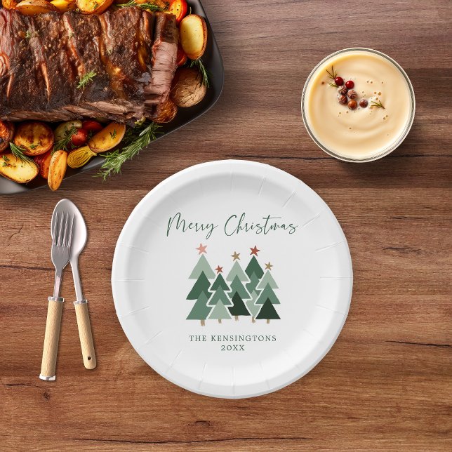 Moderne Weihnachtsbaumen Typografie Pappteller (Modern Festive Christmas Trees Typography Paper Plates)