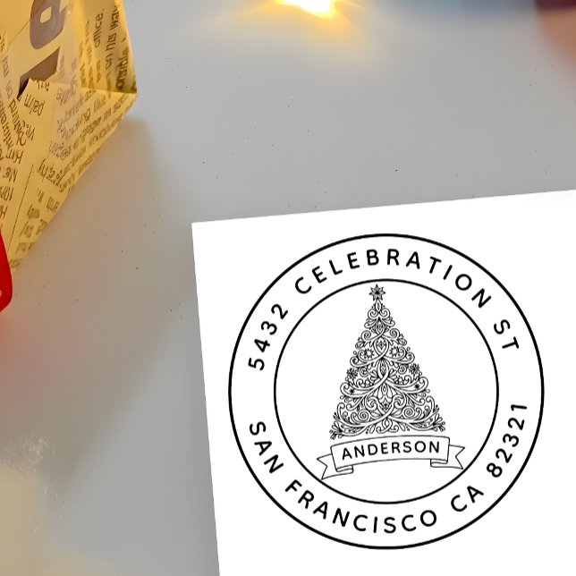 Moderne Weihnachtsbaumfamilie Name Rücksendeadress Gummistempel (Von Creator hochgeladen)