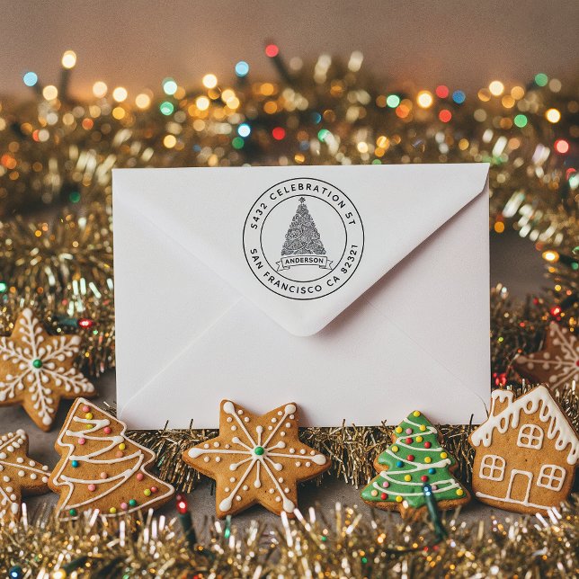 Moderne Weihnachtsbaumfamilie Name Rücksendeadress Permastempel (Von Creator hochgeladen)