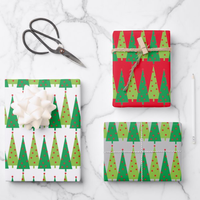 Moderne Weihnachtsbaumgrenzen Geschenkpapier Set (Vorderseite)