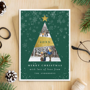 Moderne Weihnachtsbaumrahmen für Schnee und Gold F Einladung