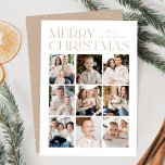 Moderne Weihnachtsbeige 9 FotoCollage Feiertagskarte<br><div class="desc">Moderne Weihnachtskarte mit "Fröhlicher Weihnachten",  die oben im Design in trendigem Beige mit weißem Hintergrund ausgestellt ist. Eine Foto-Collage von 9 Fotos wird unten in einem Rasterlayout angezeigt. Personalisieren Sie die Multi-Foto Weihnachtskarte mit Ihrem Familiennamen. Die Karte kehrt um,  um einen beigen Hintergrund mit subtilen weißen Punkten (Schnee) anzuzeigen.</div>