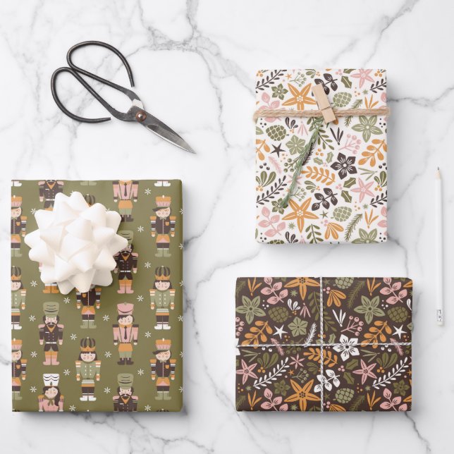 Moderne Weihnachtsblumen und Nussknacker Geschenkpapier Set (Vorderseite)