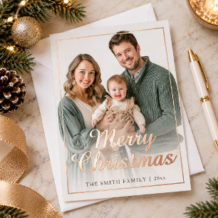 Moderne Weihnachtsfamilienfotos mit Roségoldfolie Folien Feiertagskarte