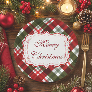 Moderne Weihnachtsfeier Rot & Grün Tartan Karo Pappteller