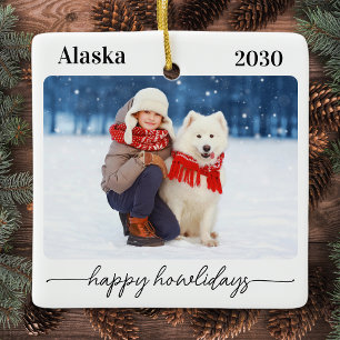 Moderne Weihnachtsfoto für Hunde - Frohe Howlidays Keramikornament