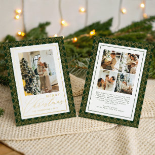 Moderne Weihnachtsfoto Grün und Gelb Kariert Gold Folien Feiertagskarte