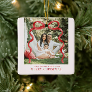Moderne Weihnachtsfoto mit roter Schleife Keramikornament