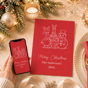 Moderne Weihnachtsgans-Familie-Doodle rot Feiertagskarte