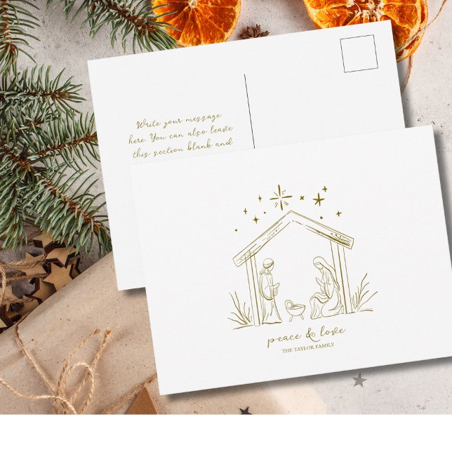 Moderne Weihnachtsgeburt Frieden Liebe religiös  Postkarte (modern elegant gold peace love Christmas Nativity holiday personalized custom postcard )