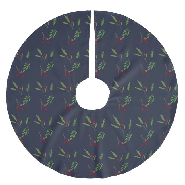 Moderne Weihnachtsgrün Botanische Beere Polyester Weihnachtsbaumdecke (Vorderseite)
