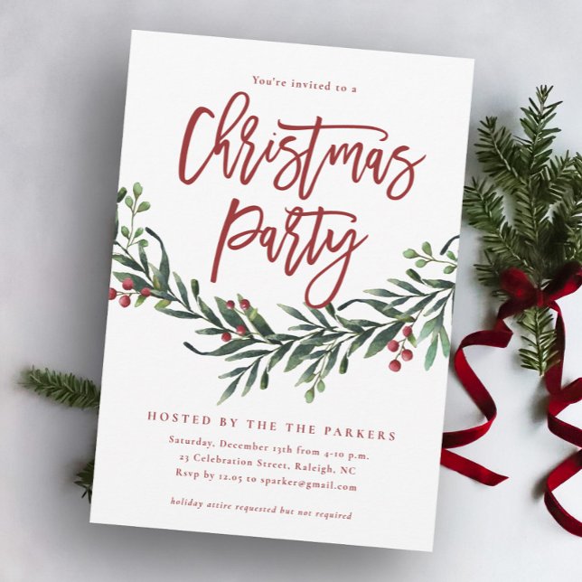 Moderne Weihnachtsgrün mit roter Schrift Party Einladung (Von Creator hochgeladen)