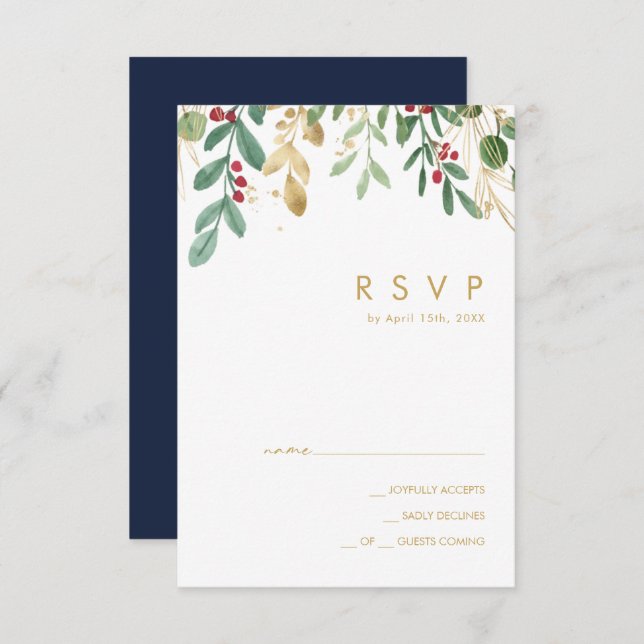 Moderne Weihnachtsgrün | Navy RSVP Card (Vorne/Hinten)