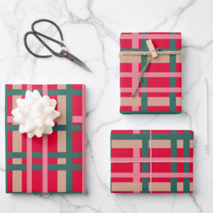 Moderne Weihnachtskariert Helle Rot-Grüne Streifen Geschenkpapier Set