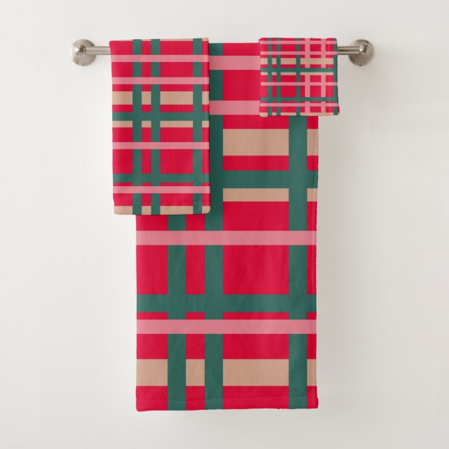 Moderne Weihnachtskariert Helles Rot Grün Linien Badhandtuch Set (Insitu)