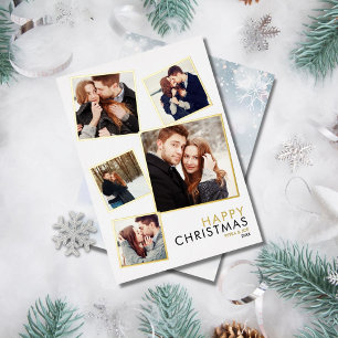 Moderne Weihnachtskarte mit 5 Fotos in Gold Folien Feiertagskarte