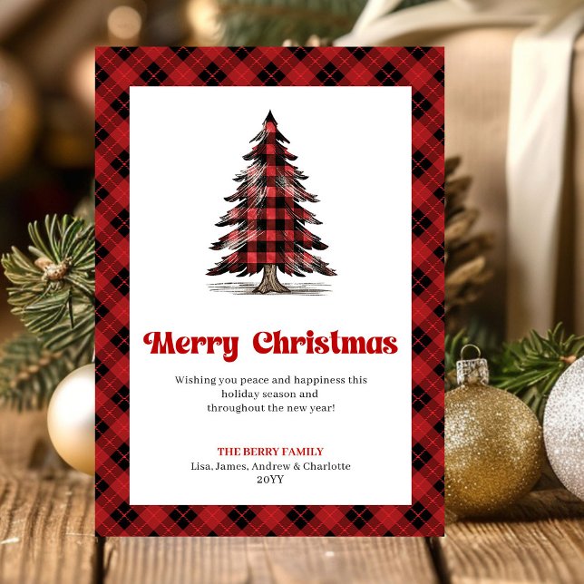 Moderne Weihnachtskarte mit Büffelkaromuster-Chris Feiertagskarte (Send warm holiday wishes with this modern watercolor Christmas greeting card, featuring a red and bl)
