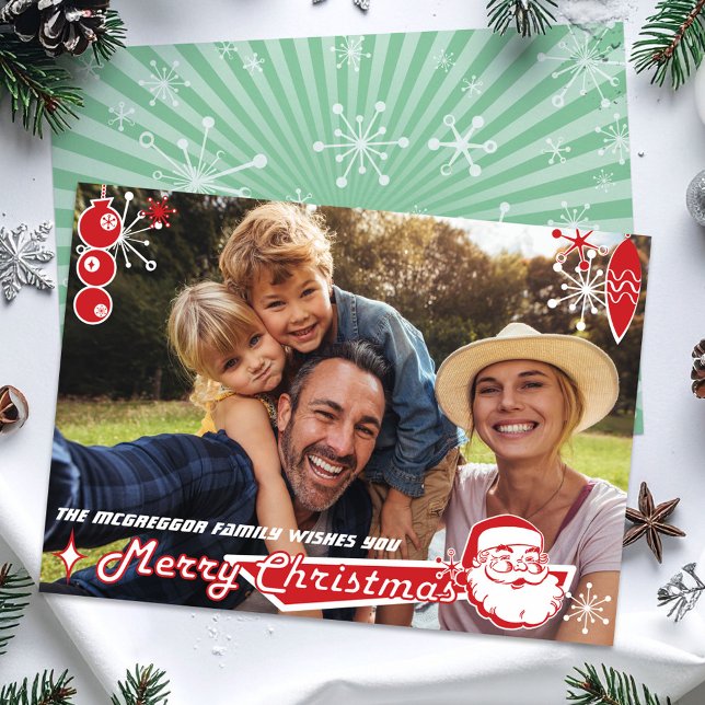 Moderne Weihnachtskarte Mitte des Jahrhunderts Feiertagskarte (Mid-century Santa, flat simple photocard)