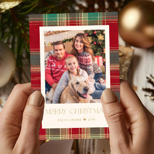 Moderne Weihnachtsklassiker rot grün kariert 1 Fot Feiertagskarte
