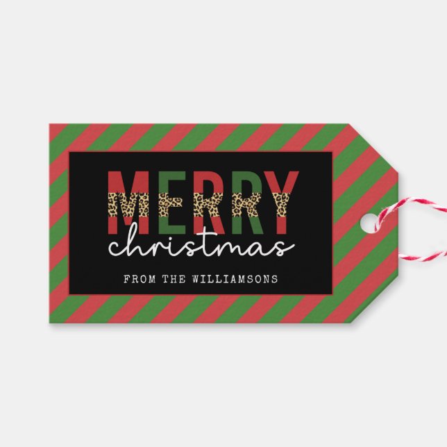 Moderne Weihnachtsleopard drucken Rote Grüne Strei Geschenkanhänger (Vorderseite (Horizontal))