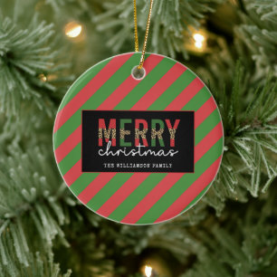 Moderne Weihnachtsleopard drucken Rote Grüne Strei Keramik Ornament