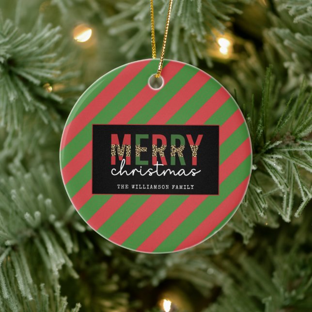 Moderne Weihnachtsleopard drucken Rote Grüne Strei Keramik Ornament (Baum)