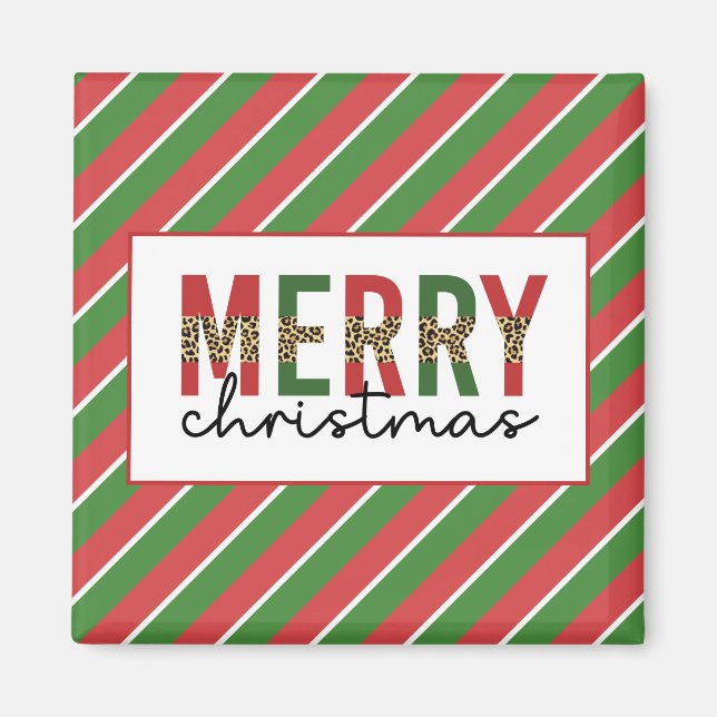 Moderne Weihnachtsleopard drucken Rote Grüne Strei Magnet (Vorne)