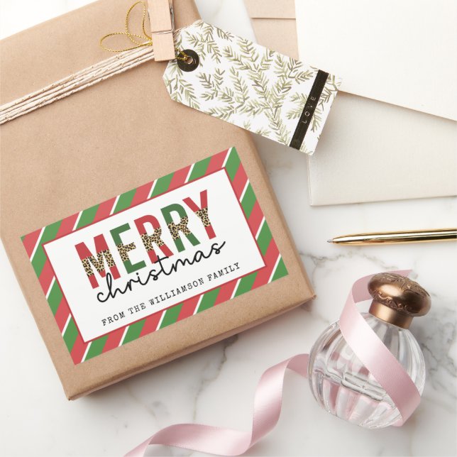 Moderne Weihnachtsleopard drucken Rote Grüne Strei Rechteckiger Aufkleber (Schenken)