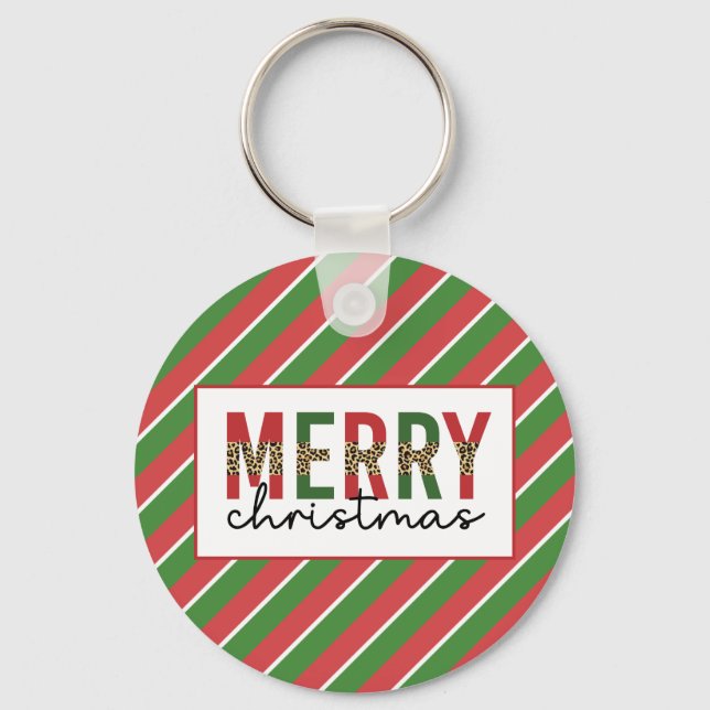 Moderne Weihnachtsleopard drucken Rote Grüne Strei Schlüsselanhänger (Vorderseite)
