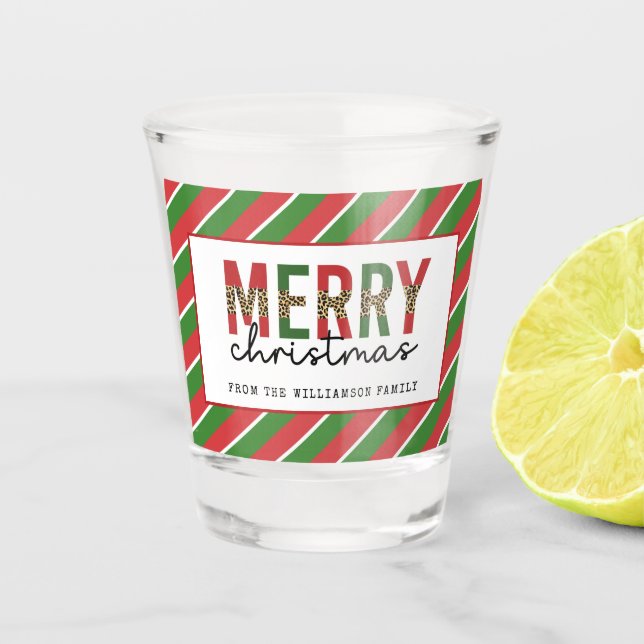 Moderne Weihnachtsleopard drucken Rote Grüne Strei Schnapsglas (Vorderseite)