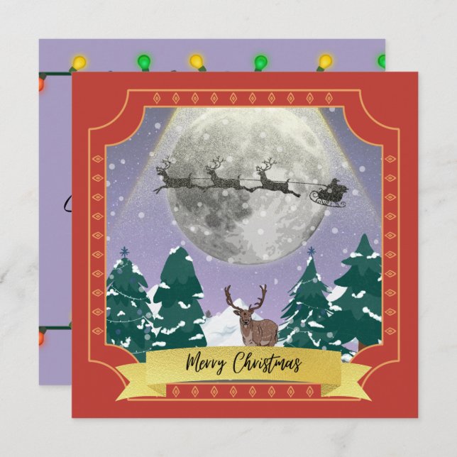 Moderne Weihnachtsnachtsnacht mit Santa Reindeer Feiertagskarte (Vorne/Hinten)