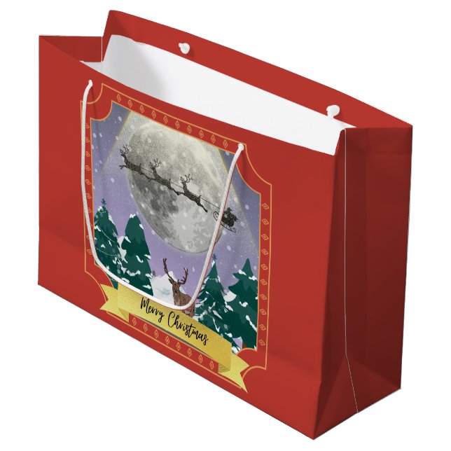 Moderne Weihnachtsnachtsnacht mit Santa Reindeer Große Geschenktüte (Vorderseite Schrägansicht)