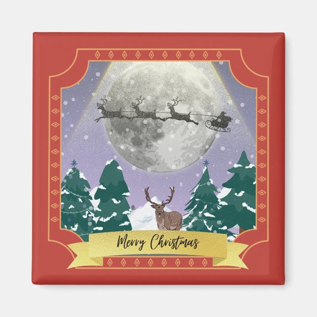 Moderne Weihnachtsnachtsnacht mit Santa Reindeer Magnet (Vorne)