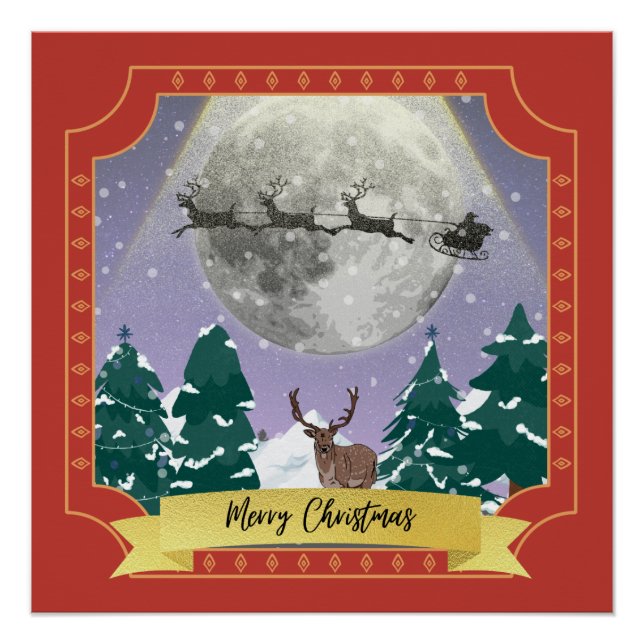 Moderne Weihnachtsnachtsnacht mit Santa Reindeer Poster (Vorderseite)