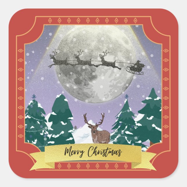 Moderne Weihnachtsnachtsnacht mit Santa Reindeer Quadratischer Aufkleber (Vorderseite)