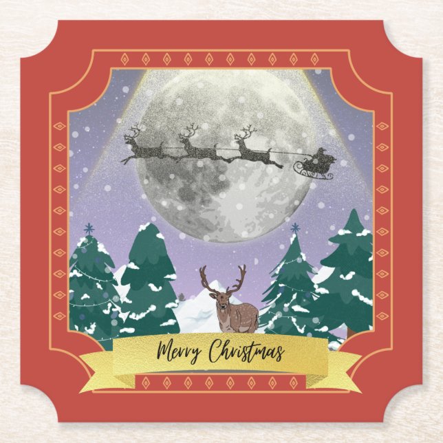 Moderne Weihnachtsnachtsnacht mit Santa Reindeer Untersetzer (Vorderseite)