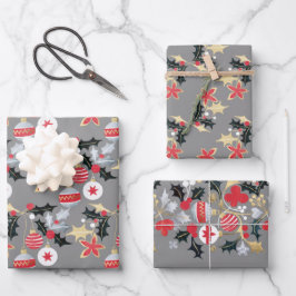 Moderne Weihnachtssaison Rot Silver & Gold Ornamen Geschenkpapier Set