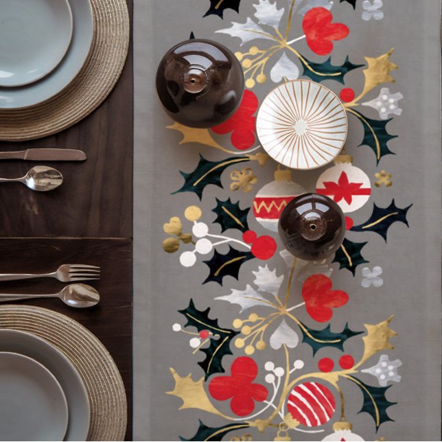 Moderne Weihnachtssaison Rot Silver & Gold Ornamen Kurzer Tischläufer (Modern Christmas Ornaments Table Runner in Gold Silver and Red)