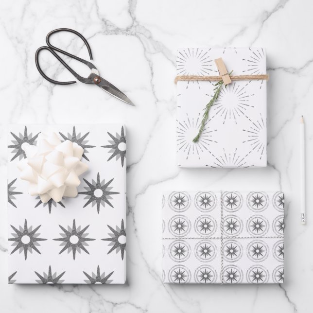 Moderne WeihnachtsSilberstars Geschenkpapier Set (Vorderseite)