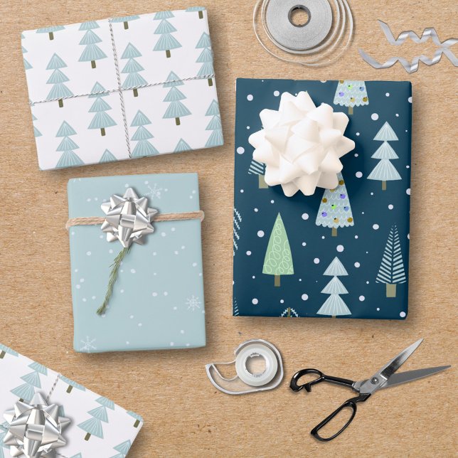 Moderne Weihnachtswälder Bäume Blue Green Geschenkpapier Set (Von Creator hochgeladen)