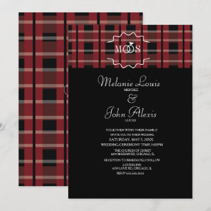 Moderne Wein Flanell Tartan Karo Ring Logo Hochzei Einladung