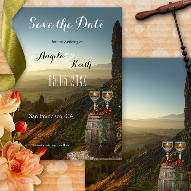 Moderne Weinkarte oder Weinthemenkarte Save the Da Save The Date (Save the Date card featuring two wine glasses with grapes on a barrel with a stunning landscape view)