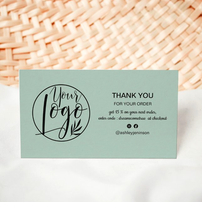 Moderne Weise grün minimalistisch Logo Bestellung  Visitenkarte (Modern sage green minimalist logo order thank you business card)