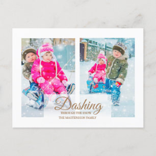 Moderne Weiße 2-Foto-Weihnachten Dashing Schnee Feiertagspostkarte