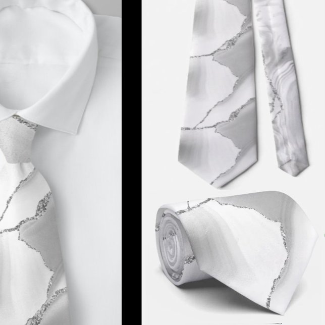Moderne weiße Achat-Silber-Abstrakt-Marmor Krawatte (Von Creator hochgeladen)
