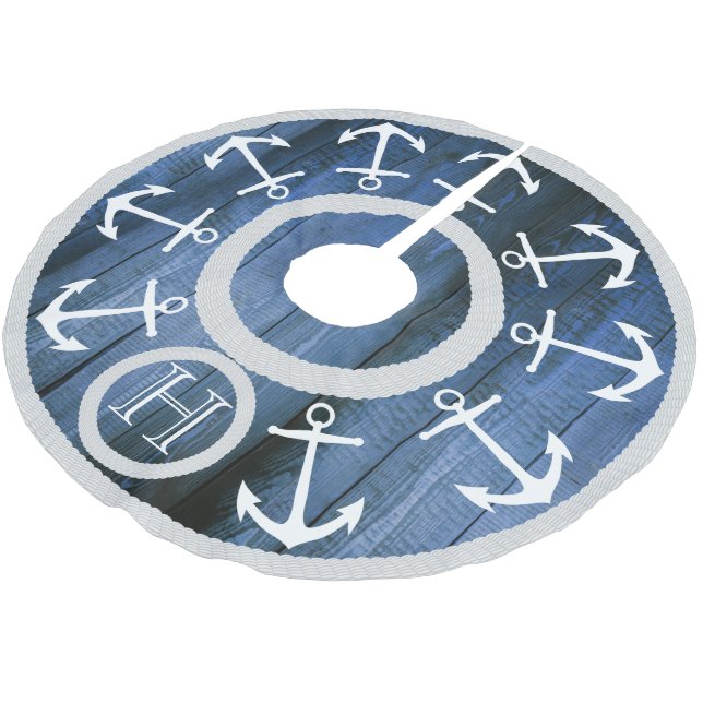 Moderne weiße Anker und Seil-blaues nautischholz Polyester Weihnachtsbaumdecke (Schrägansicht)